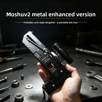 Metal enhanced version of the magic pivot folding card slingshot