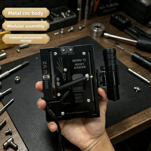 Folding slingshot card with CNC metal body and detachable laser module