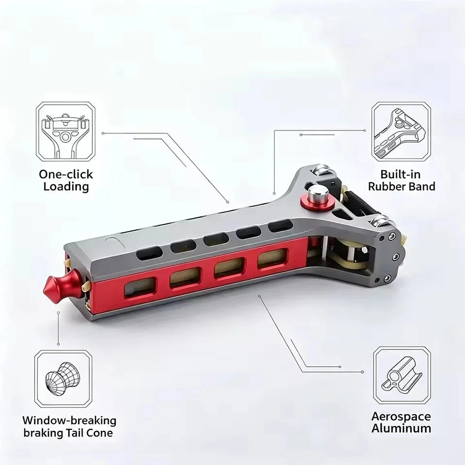Automatic loading slingshot feature diagram: one-click loading, built-in rubber band, tail cone, aerospace aluminium
