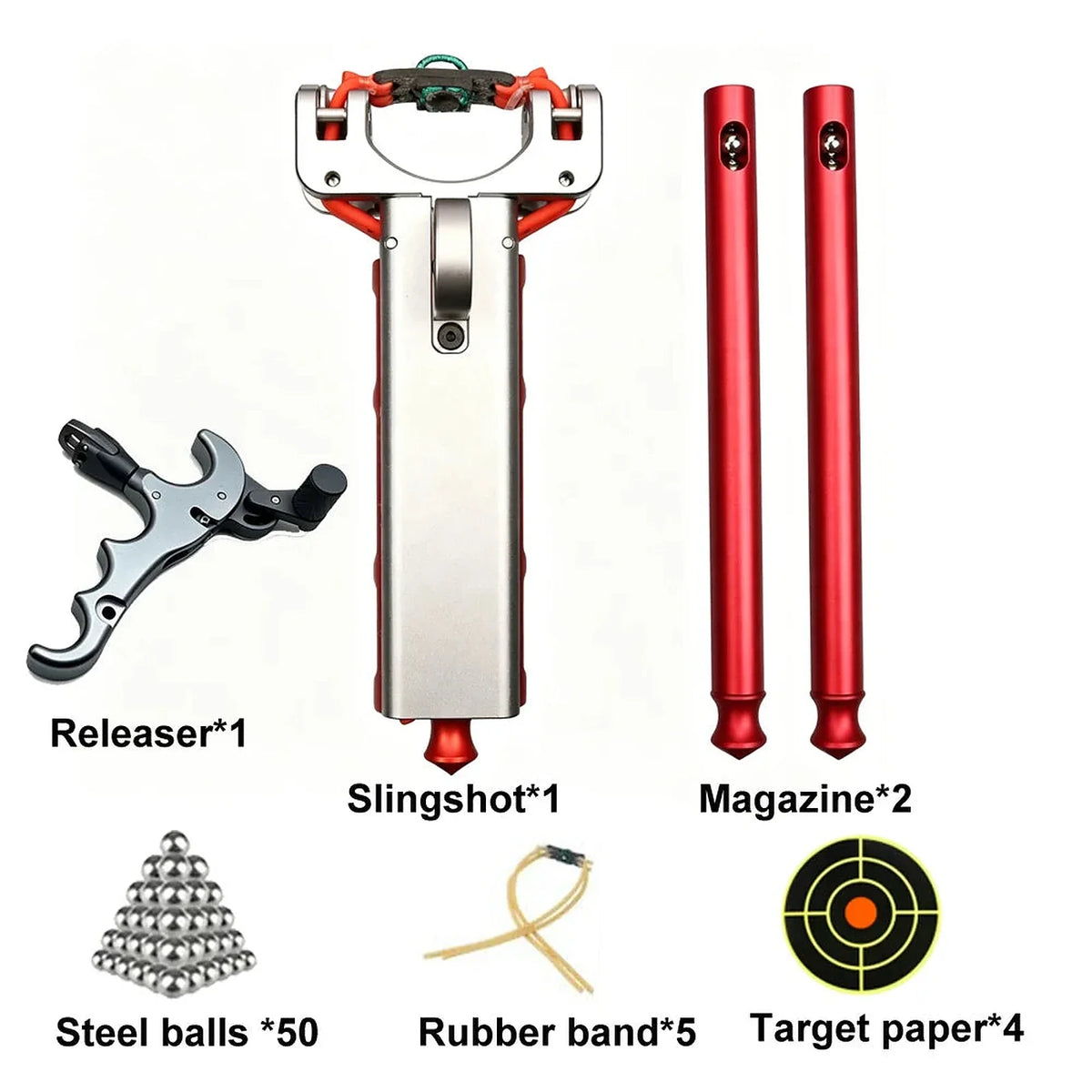 Semi automatic slingshot full kit: frame, two magazines, mechanical releaser, steel balls, bands and target paper