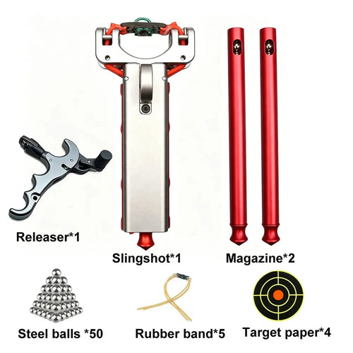 Semi automatic slingshot full kit: frame, two magazines, mechanical releaser, steel balls, bands and target paper