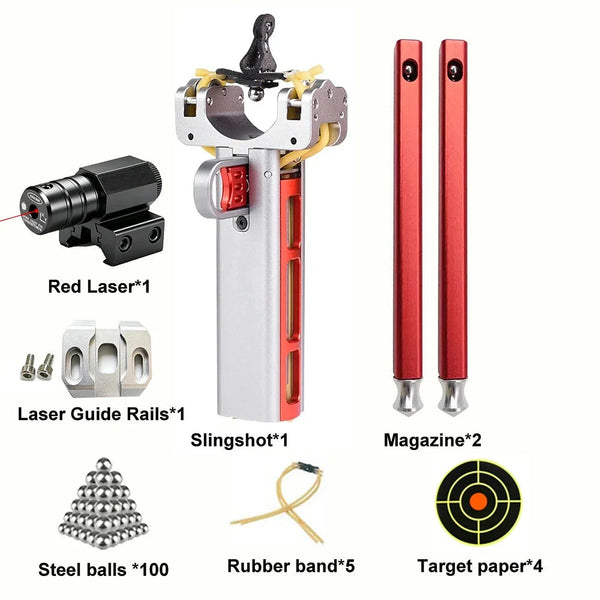 Laser kit semi automatic slingshot with red laser, guide rails, two magazines and 100 steel balls
