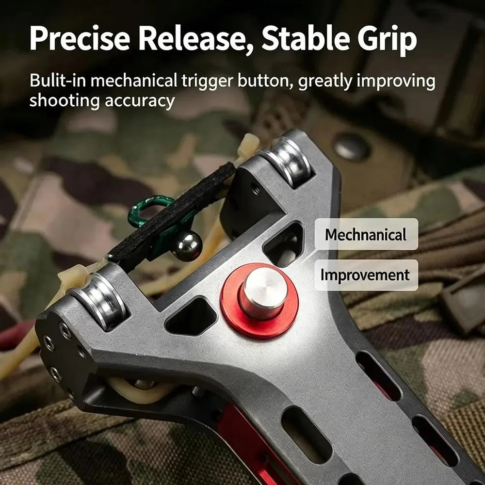 Close-up of the mechanical trigger release on the auto loading slingshot