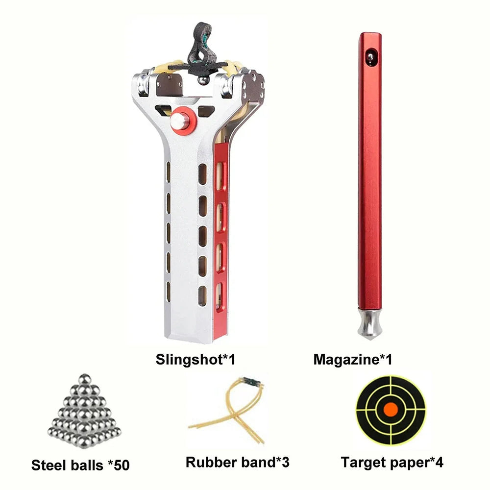 Standard automatic slingshot kit: frame, one magazine, 50 steel balls, three rubber bands and target paper