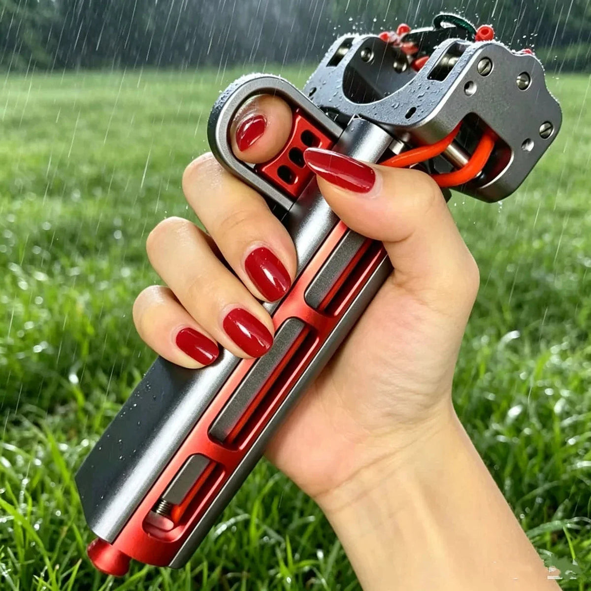 Automatic slingshot with magazine held in one hand outdoors, magazine seated above the fork