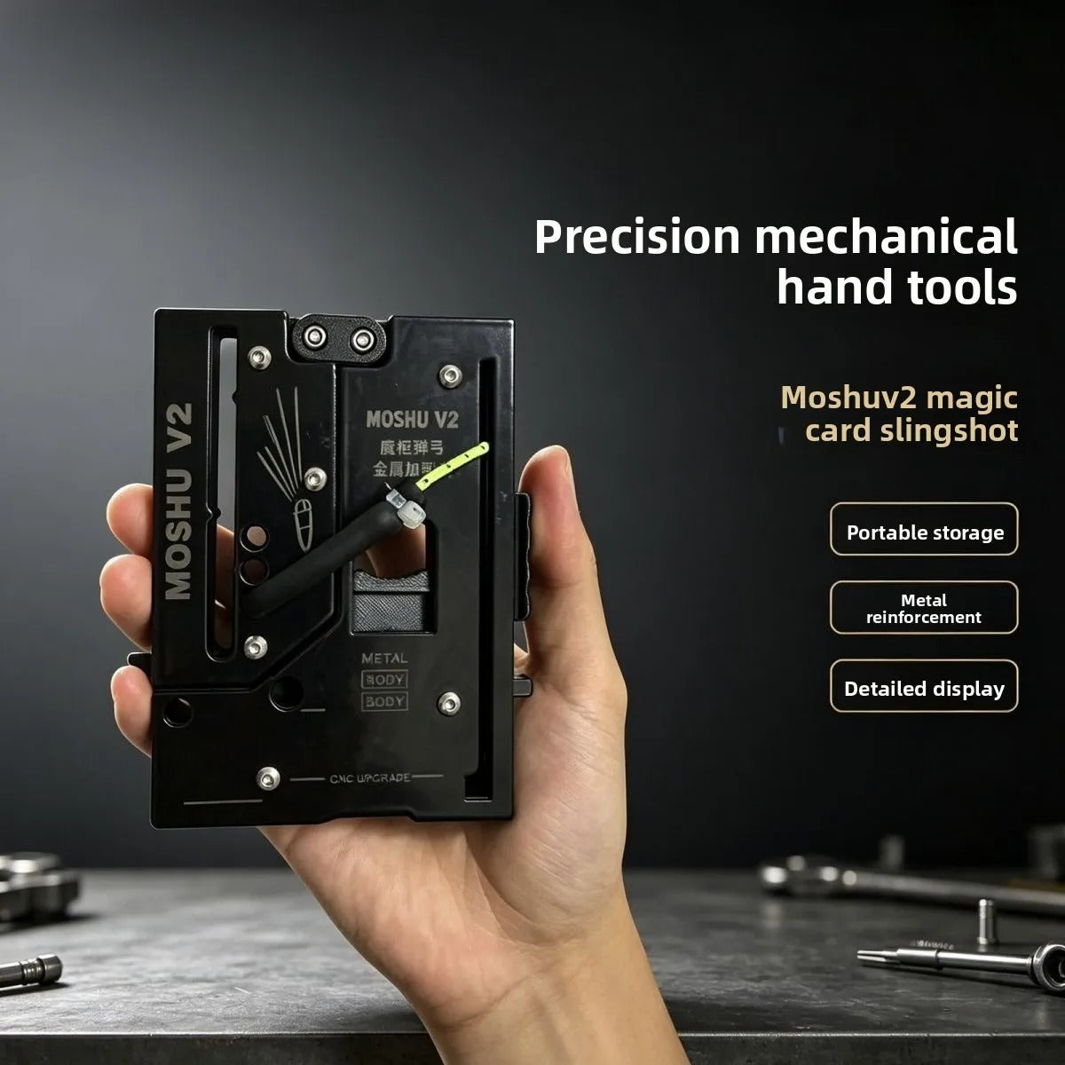 Magic pivot folding slingshot closed into a flat metal card, held in one hand