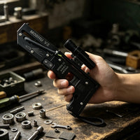 Folding slingshot pivoted open into a braced pistol grip with the laser fitted