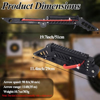Folding slingshot dimensions: 19.7 in open, 11.4 in folded, 10.7 oz, arrow speed 98 ft per second