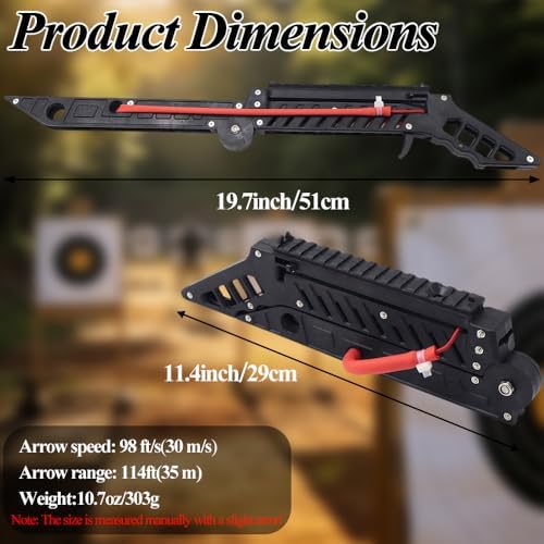 Folding slingshot dimensions: 19.7 in open, 11.4 in folded, 10.7 oz, arrow speed 98 ft per second