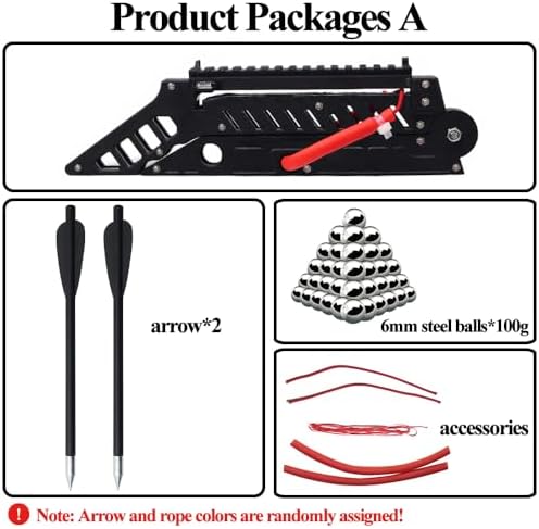 What is in the box: folding slingshot, two arrows, steel balls and spare bands