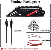 What is in the box: folding slingshot, two arrows, steel balls and spare bands