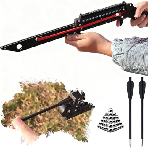 Folding slingshot held in hand, shown open and folded beside its arrows and steel balls