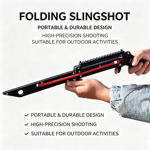 Folding slingshot rifle braced in two hands for a steady two-handed shot