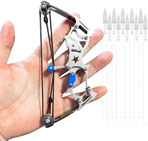 Mini crossbow-size steel bow held in a palm to show its 5.5 inch scale, beside its ten arrows