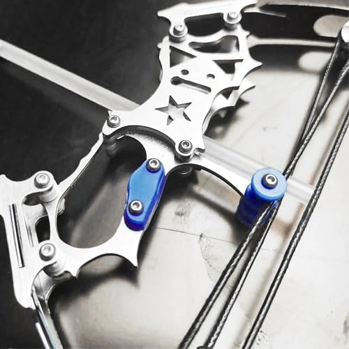 Macro detail of the stainless steel riser, cams and cables on the mini crossbow set