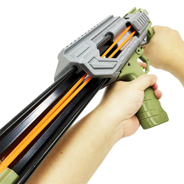 Slingshot rifle braced in both hands at full draw against the shoulder