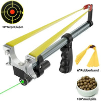 Green laser slingshot rifle kit with target paper, spare bands and clay pills