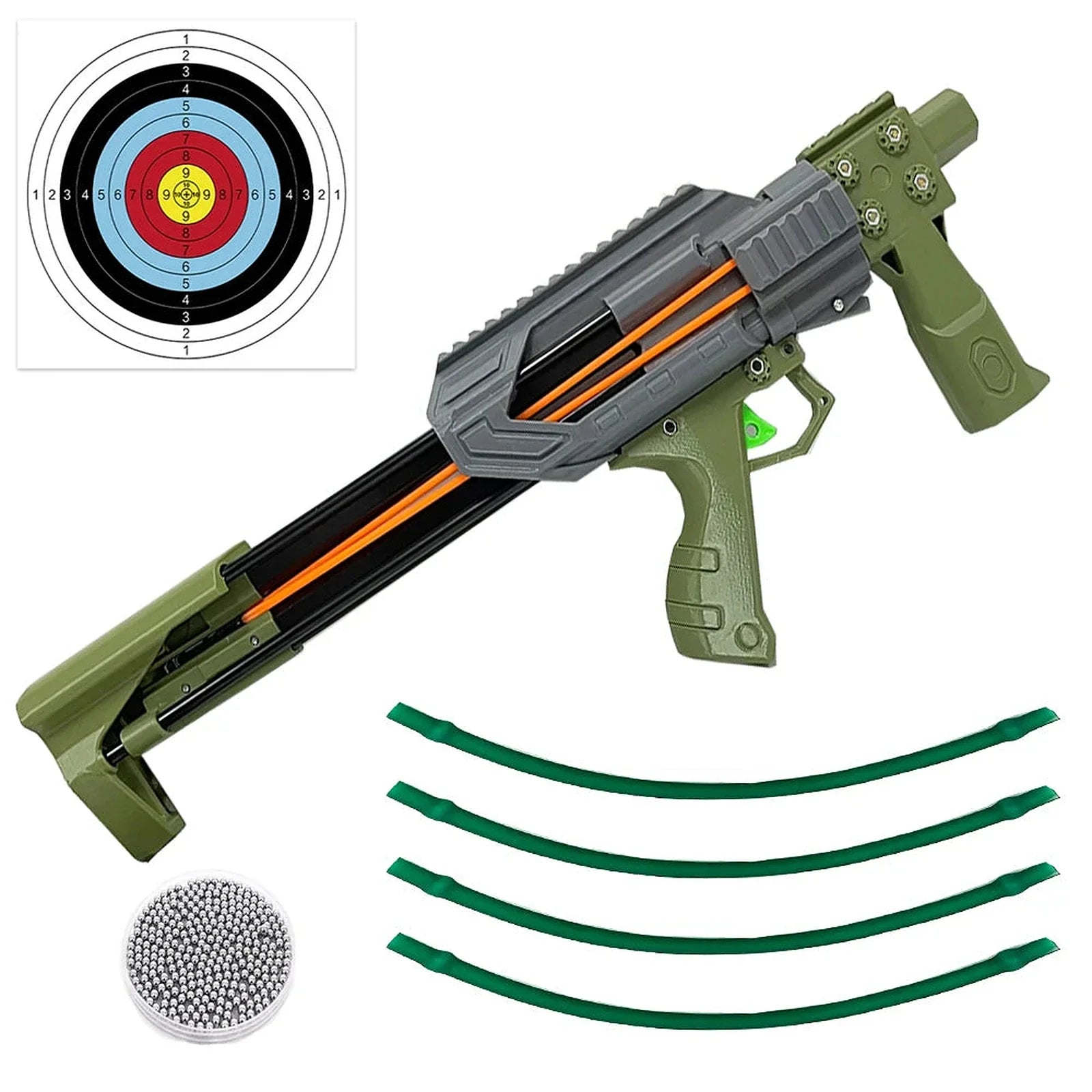 Slingshot rifle LFG kit: frame, four green latex bands, steel balls and target paper