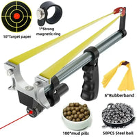 Red laser slingshot rifle full kit with target paper, magnetic ring, spare bands, clay pills and steel balls