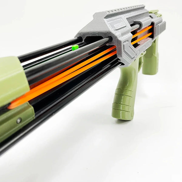 Slingshot rifle with arrows shown three-quarter on with the bands loaded